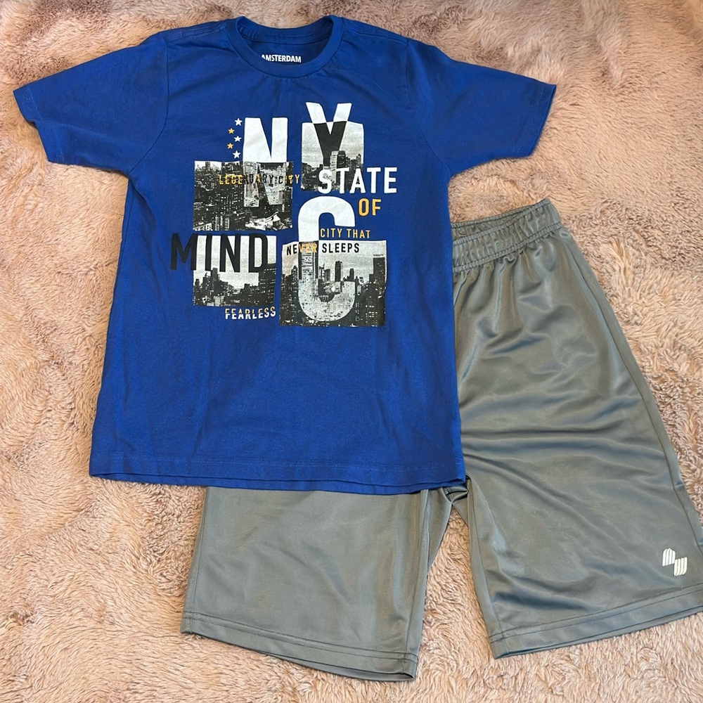 Blue Graphic T-Shirt and Gray Shorts Set
